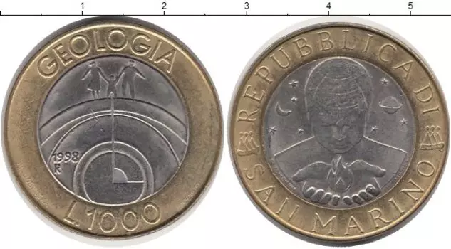 Монета 1000 лир Сан-Марино 1998 года Биметалл Геология
