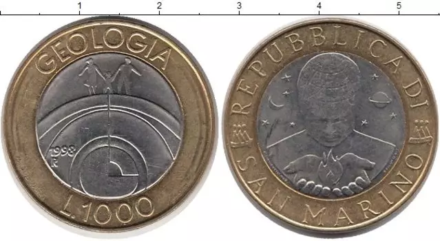 Монета 1000 лир Сан-Марино 1998 года Биметалл Геология