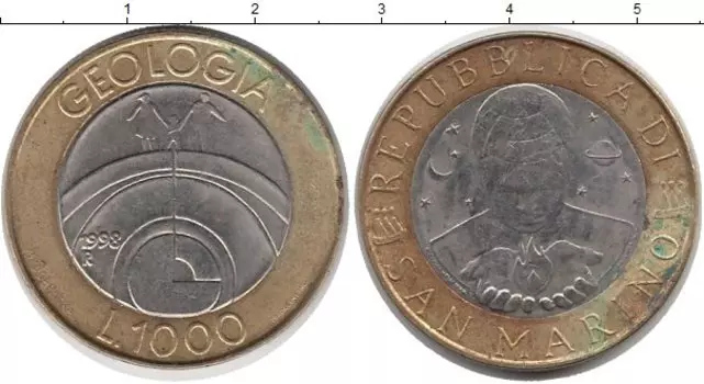 Монета 1000 лир Сан-Марино 1998 года Биметалл Геология