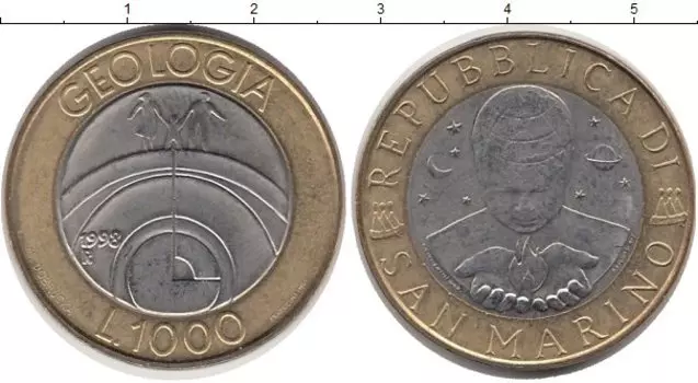 Монета 1000 лир Сан-Марино 1998 года Биметалл Геология
