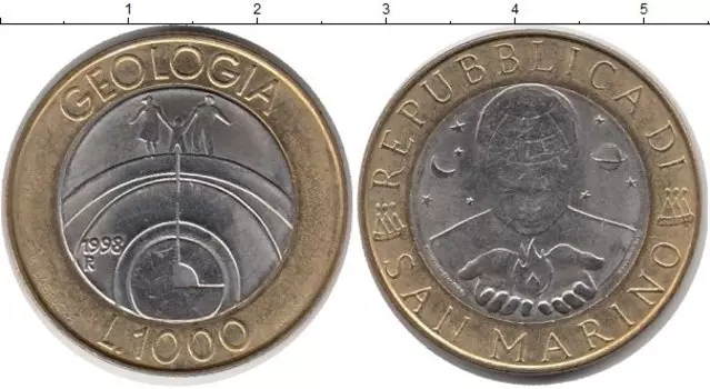 Монета 1000 лир Сан-Марино 1998 года Биметалл Геология