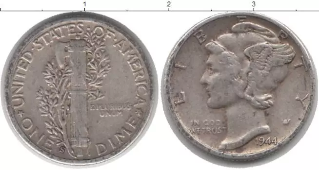 Монета дайм Америки 1944 года Серебро Растение KM#140