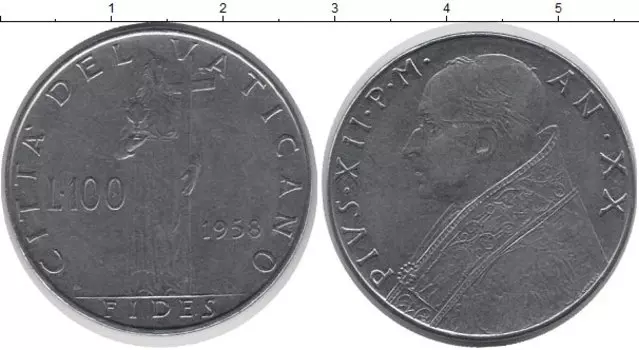 Монета 100 лир Ватикана 1958 года Сталь Вера,Женщина с чашей и крестом