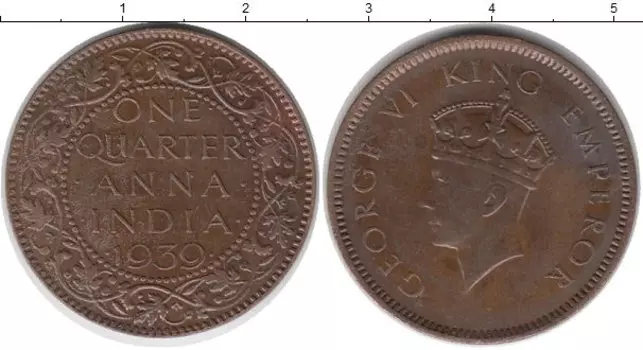 Монета 1/4 анны Индии 1939 года Бронза Георг VI