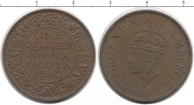 Монета 1/4 анны Индии 1940 года Бронза Георг VI
