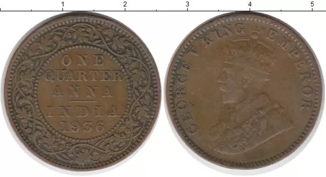 Монета 1/4 анны Индии 1936 года Бронза Георг V