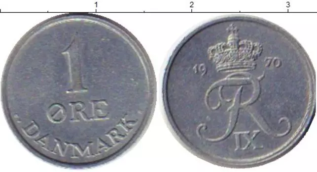 Монета эре Дании 1970 года Цинк Фредерик IX