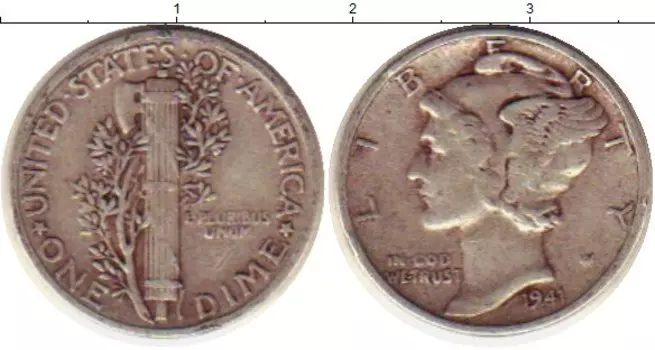 Монета дайм Америки 1941 года Серебро