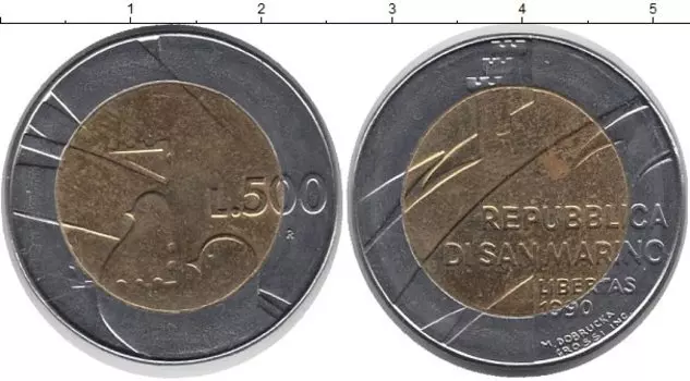 Монета 500 лир Сан-Марино 1990 года Биметалл Голубь