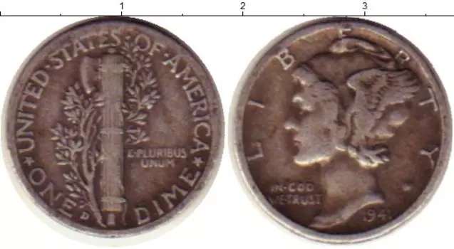 Монета дайм Америки 1941 года Серебро D