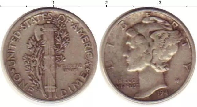 Монета дайм Америки 1941 года Серебро