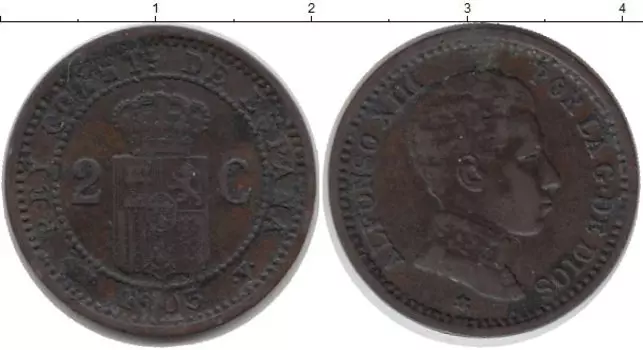 Монета 2 сентима Испании 1905 года Бронза Альфонсо XIII