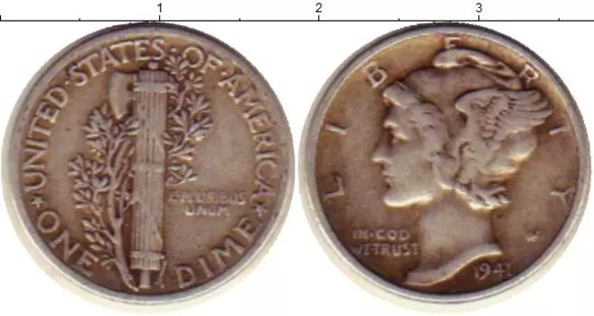 Монета дайм Америки 1941 года Серебро