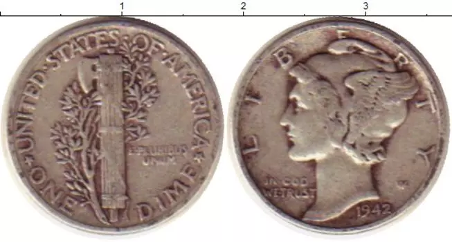 Монета дайм Америки 1942 года Серебро Растение KM#140