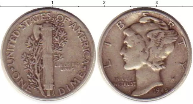 Монета дайм Америки 1945 года Серебро