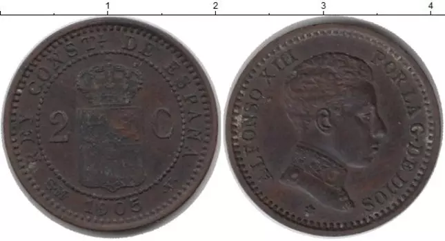 Монета 2 сентима Испании 1905 года Бронза Альфонсо XIII
