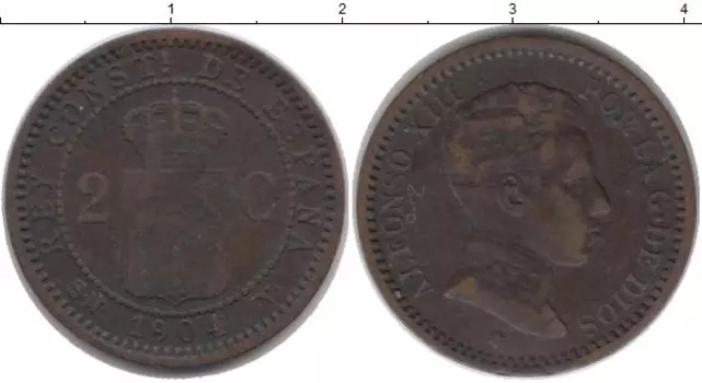Монета 2 сентима Испании 1904 года Бронза Альфонсо XIII