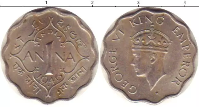 Монета анна Индии 1946 года Медно-никель Георг VI