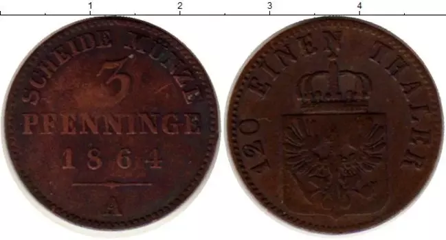 Монета 3 пфеннига Пруссии 1864 года Медь А