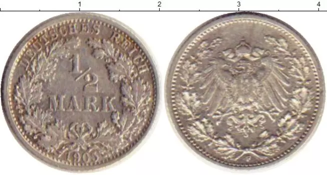 Монета 1/2 марки Германии 1905 года Серебро F
