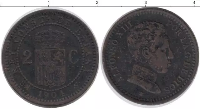 Монета 2 сентима Испании 1904 года Бронза Альфонсо XIII