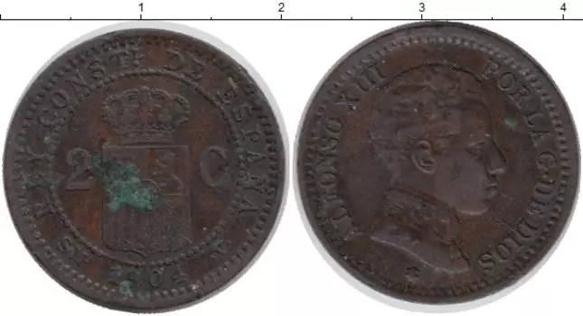 Монета 2 сентима Испании 1904 года Бронза Альфонсо XIII