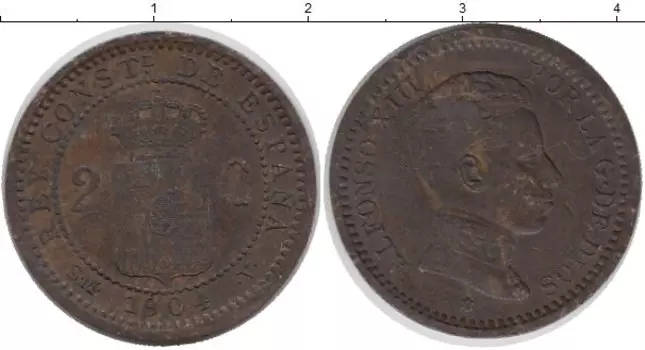 Монета 2 сентима Испании 1904 года Бронза Альфонсо XIII