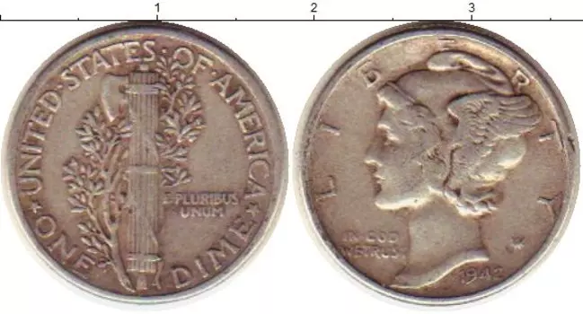 Монета дайм Америки 1942 года Серебро Растение KM#140