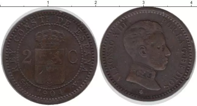 Монета 2 сентима Испании 1904 года Бронза Альфонсо XIII