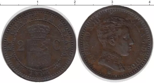 Монета 2 сентима Испании 1904 года Бронза Альфонсо XIII