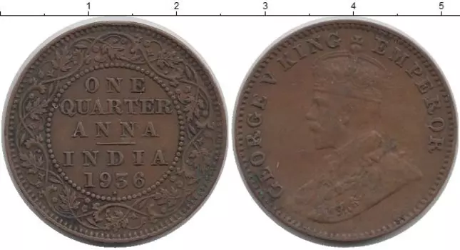 Монета 1/4 анны Индии 1936 года Бронза Георг V