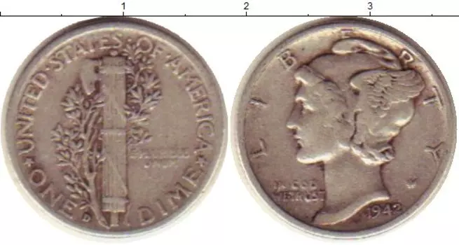 Монета дайм Америки 1942 года Серебро Растение KM#140