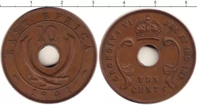 Монета 10 центов Восточной Африки 1941 года Бронза Георг VI