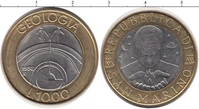 Монета 1000 лир Сан-Марино 1998 года Биметалл Геология