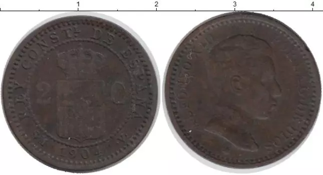 Монета 2 сентима Испании 1904 года Бронза Альфонсо XIII