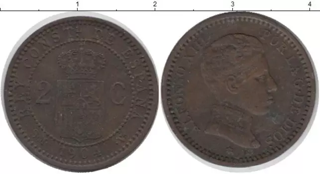 Монета 2 сентима Испании 1904 года Бронза Альфонсо XIII