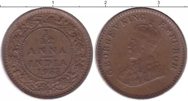 Монета 1/12 анны Британской Индии 1933 года Бронза Георг V