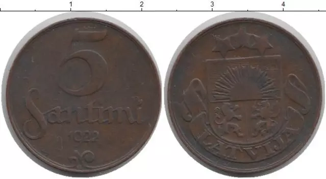 Монета 5 сантим Латвии 1922 года Бронза