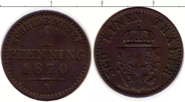 Монета пфенниг Пруссии 1870 года Медь
