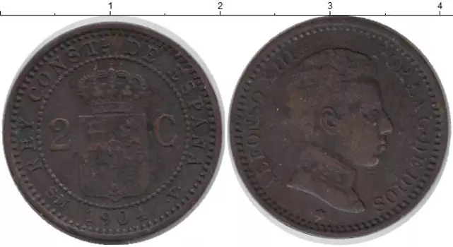 Монета 2 сентима Испании 1904 года Бронза Альфонсо XIII