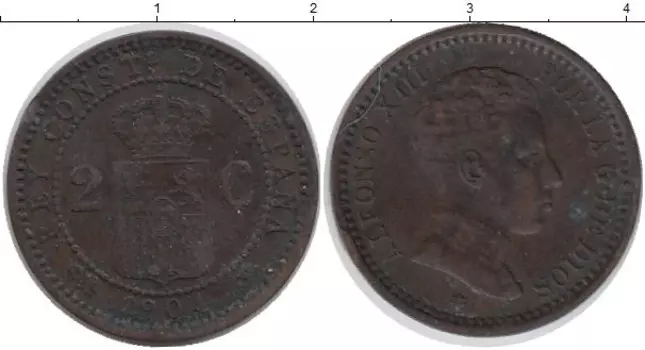 Монета 2 сентима Испании 1904 года Бронза Альфонсо XIII