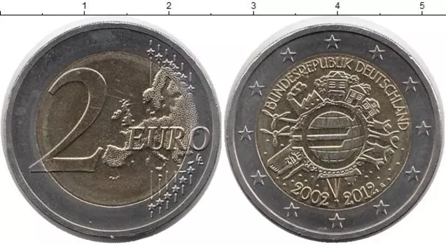 Монета 2 евро Германии 2012 года Биметалл 10 лет наличного обращения евро