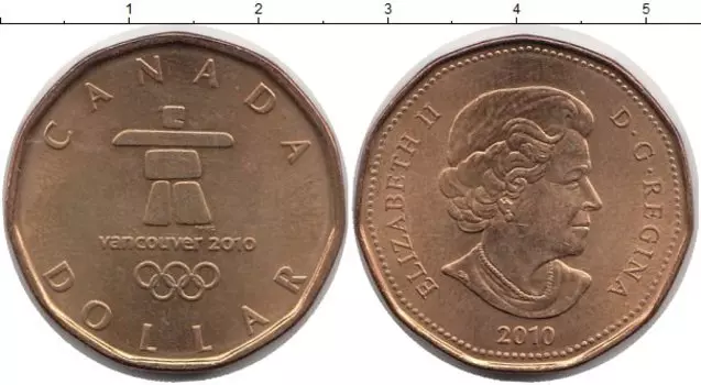 Монета доллар Канады 2010 года Латунь Олимпийские игры