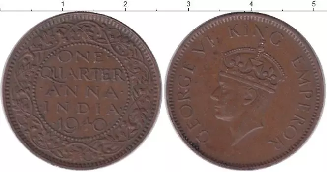 Монета 1/4 анны Индии 1940 года Бронза Георг VI