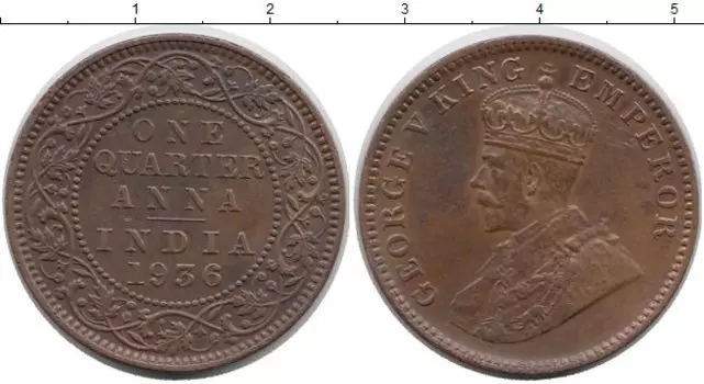 Монета 1/4 анны Индии 1936 года Бронза Георг V