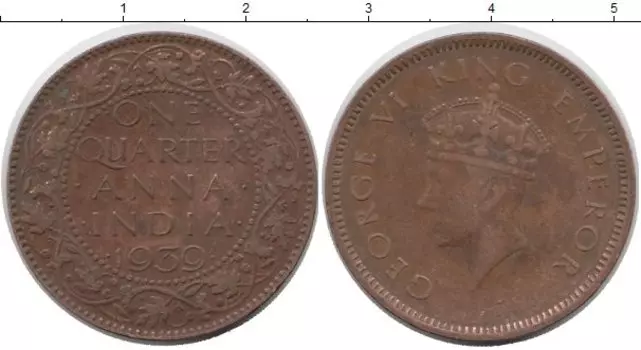Монета 1/4 анны Индии 1939 года Бронза Георг VI