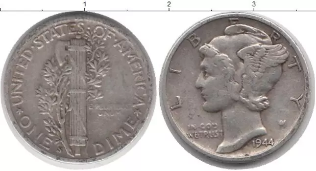 Монета дайм Америки 1944 года Серебро Растение KM#140