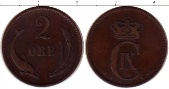 Монета 2 эре Дании 1874 года Бронза Кристиан IX