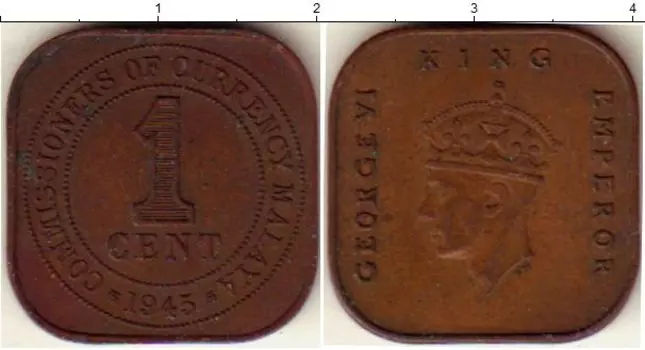 Монета цент Малайи 1945 года Бронза Георг VI