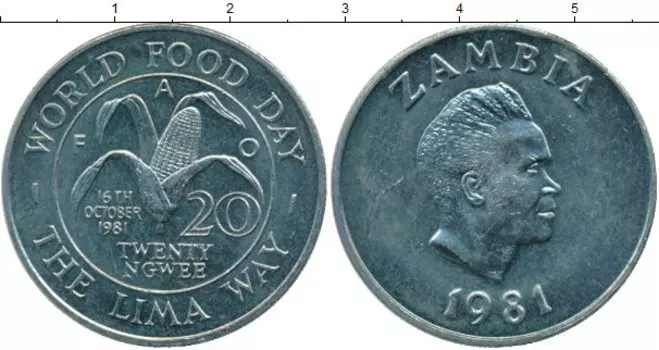 Монета 20 нгвей Замбии 1981 года Медно-никель ФАО